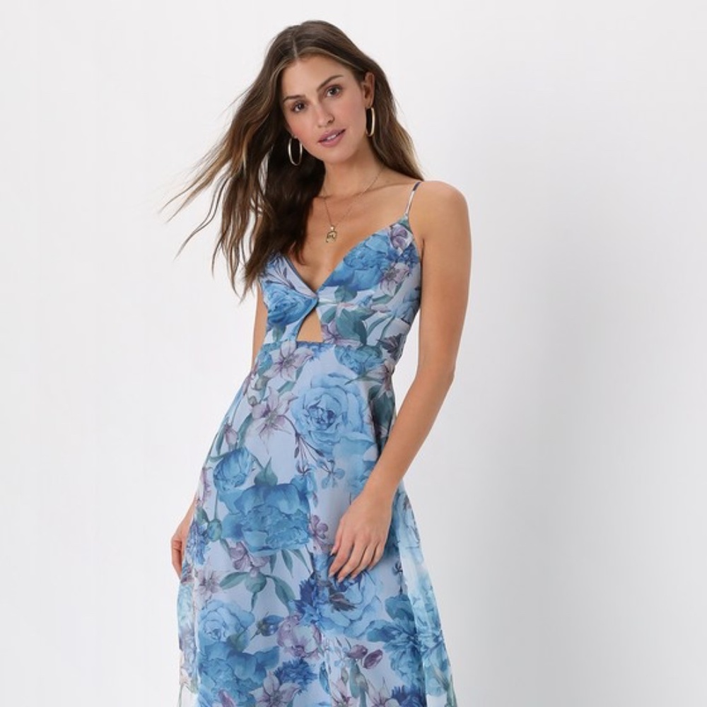 Lulus Enchanting Entrance Blue Floral Organza Keyhole Maxi Dress - Size S